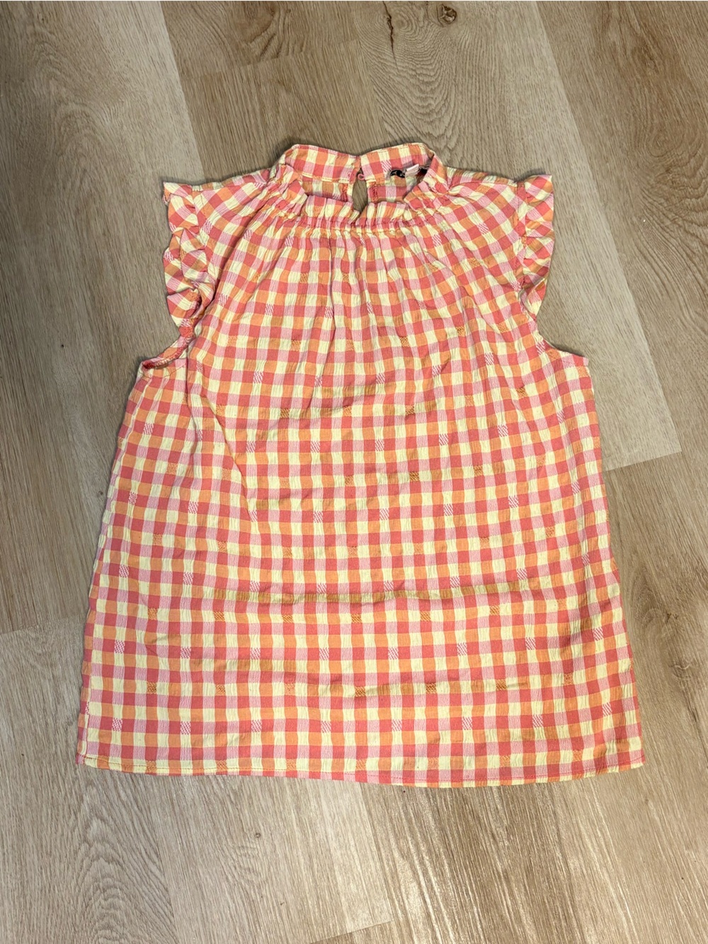 Nanette Lepore Crinkle Gingham Sleeveless Blouse Size XS Yellow & Pink Cottage
